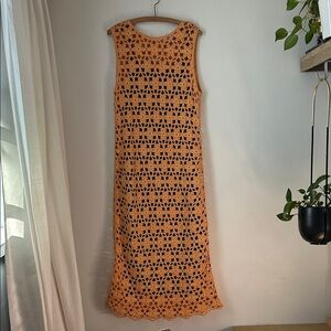 Stunning Zara Orange Heavyweight Crochet Dress with. Brown Slip Lining